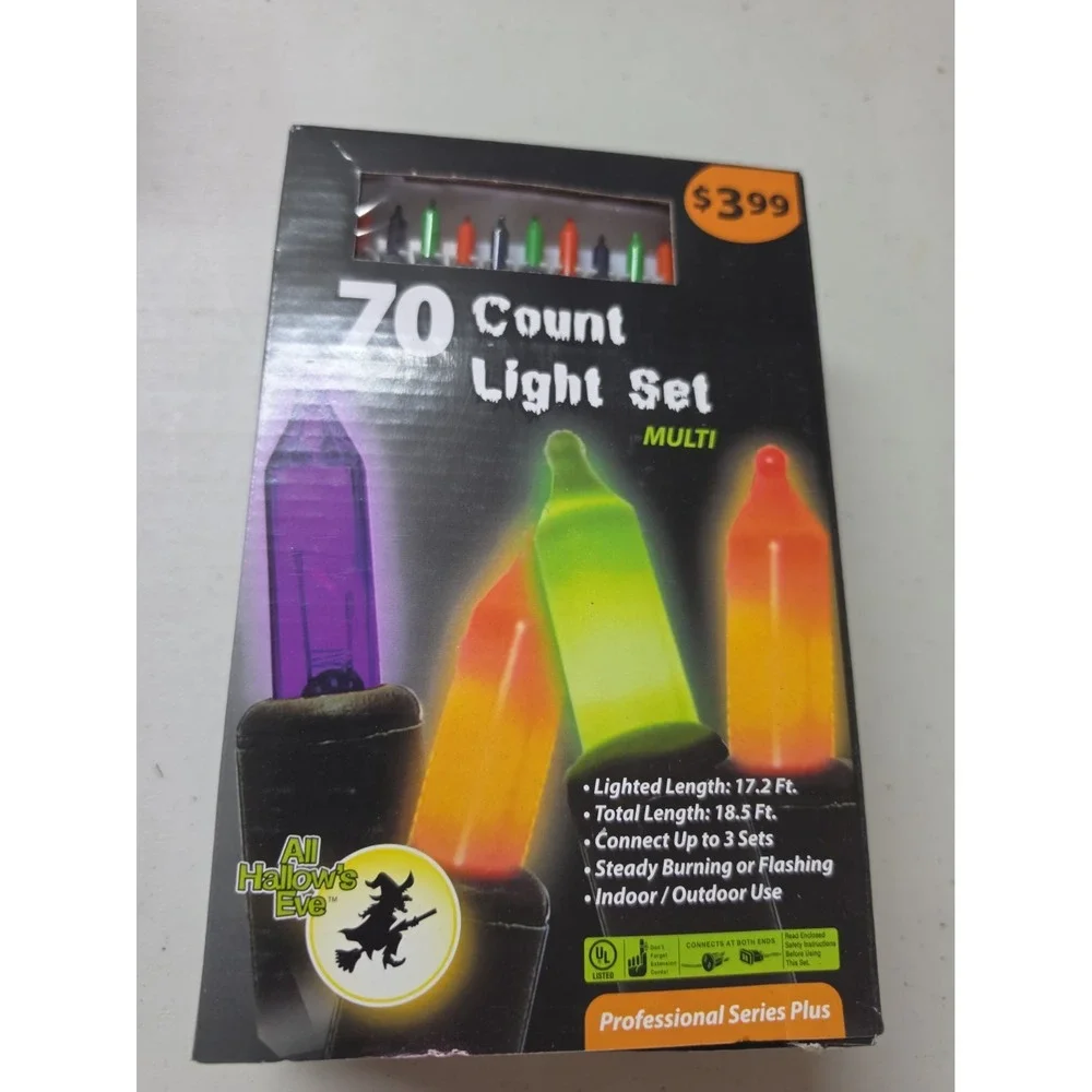 Vtg All Hallow's Eve 70 Count Multi String Lights, Halloween Theme, Black Wire